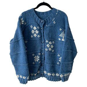 Handmade Cardigan Knit Sweater Button Front Snowflake Print Casual Blue Medium
